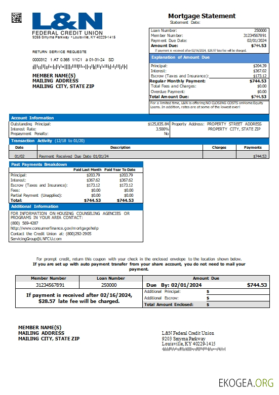 USA Kentucky L&N Federal Credit Union relevé hypothécaire scr